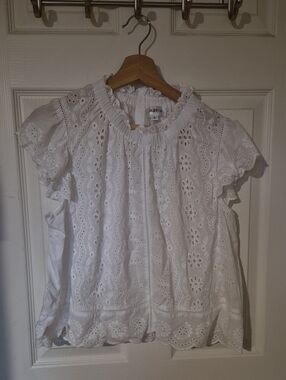 Bailey 44 White Eyelet Flutter Sleeve Smocked Peplum Blouse - L
